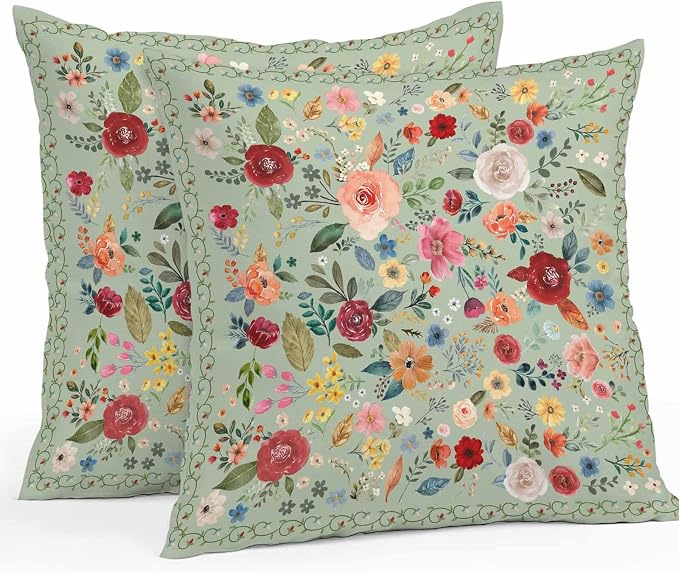 Vandarllin Outdoor Throw Pillows Covers 16x16 inch Set of 2 Waterproof Sage Green Floral Decorative Zippered Cushion Covers for Patio Furniture, Farmhouse Vintage Flower Lumbar Pillowcases