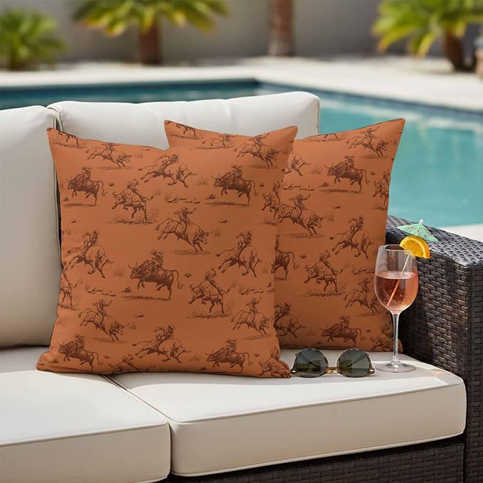 Western Cowboys Outdoor Pillow Covers Waterproof, All Weather Cushion Case Set of 2, Orange Vintage Country Nature Scenery Decorative Pillowcases for Sofa Couch Bed Decor Patio Furniture 20"x20"