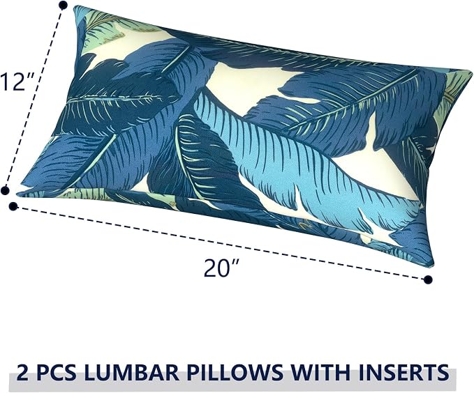 Outdoor Lumbar Pillows 12x20 inch, Rectangle Throw Pillows with Inserts, Decorative Lumbar Cushions for Patio Furniture Garden Couch Home Sofa Office Chair, Pack of 2, Swaying Palms Blue