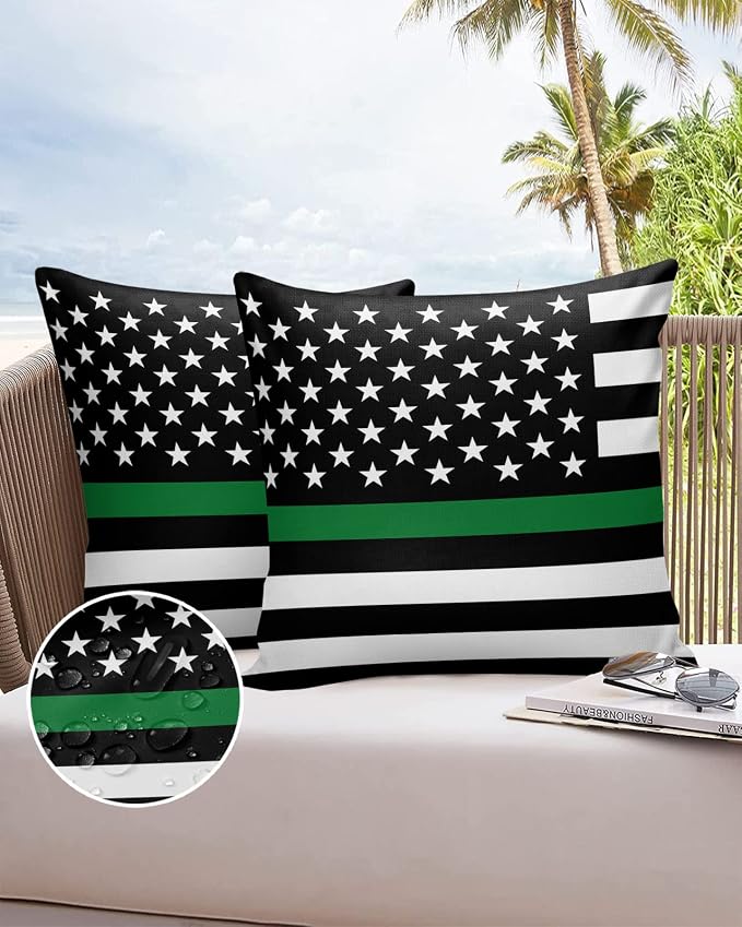 Outdoor Waterproof Pillow Covers Set of 2, Thin Green Line Flag Border Patrol, Park Ranger and Conservation Officer Patio Throw Pillow Covers, Decorative Cushion Case for Sofa Furniture, 26x26 Inch