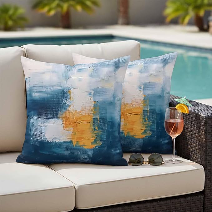 Blue Yellow Outdoor Waterproof Throw Pillow Covers Set of 2, 24"x24", Abstract Oil Painting Decorative Pillow Covers Outside Cushion Case for Patio Porch Garden