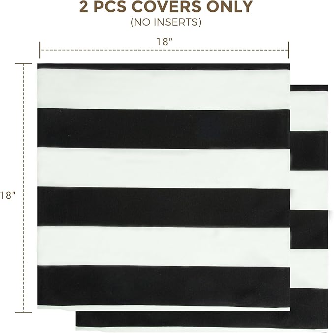 Throw Pillow Covers Set of 2, Outdoor Indoor Waterproof Patio Throw Pillowcase Shell 18x18 Inch, Square Cushion Case for Couch Sofa Garden Farmhouse-Black White Stripe