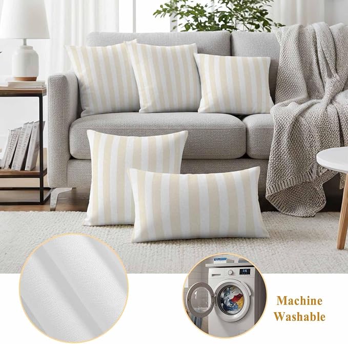 Cream Striped Outdoor Waterproof Throw Pillow Covers 18x18 Set of 2, Modern Farmhouse Cream White Stripes Decorative Pillowcases Cushion Pillowcase for Couch Sofa Patio Outside Pillow Protector