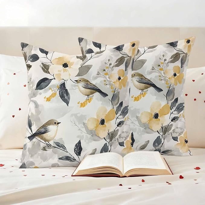 Outdoor Pillow Covers 18x18 Pack of 2, Abstract Bird Floral Artwort Decorative Pillow Cover Waterproof Pillowcase, Country Pastoral Style Farmhouse Cushion Covers for Garden Patio Sofa Couch Bench
