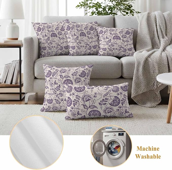 Outdoor Pillow Covers 20x12 Set of 2, Purple Spring Floral Waterproof Patio Throw Pillow Covers for Couch Sofa Chair, Summer Botanical Farmhouse Decorative Pillowcases for Throw Pillows