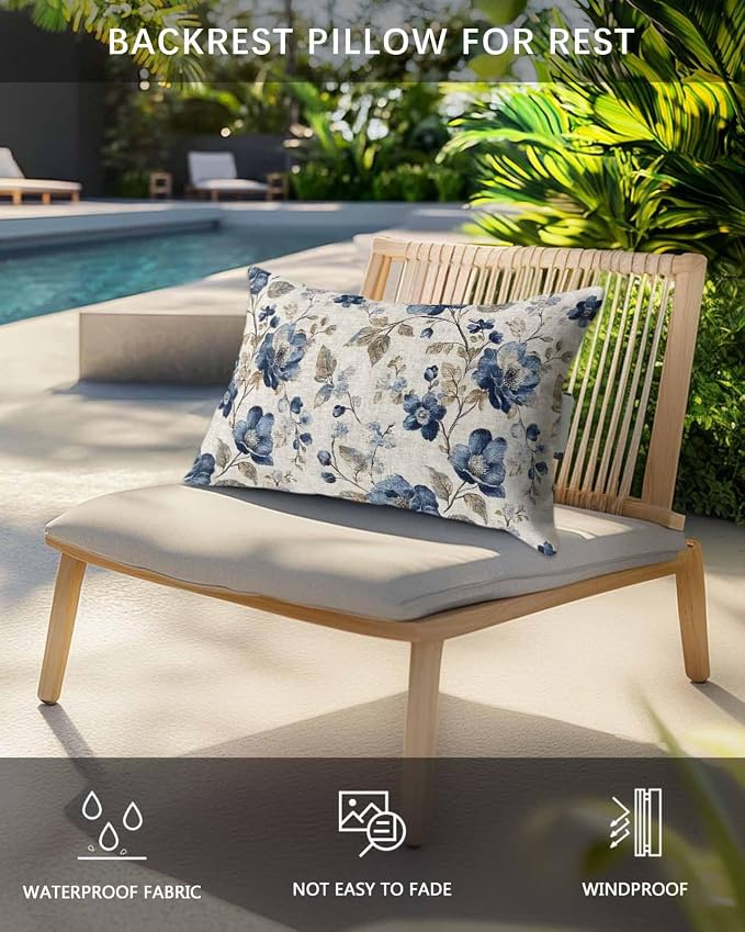 Navy Blue Floral Outdoor Lumbar Pillow Covers 11"x16" Set of 4, Decorative Throw Pillow Covers for Patio, Beige Vintage Farmhouse Botanical Leaves Waterproof Cushion Case for Pool Beach Chair