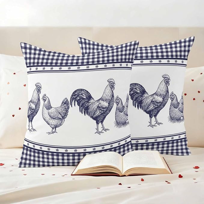Navy Blue Rooster Outdoor Pillow Covers Waterproof, All Weather Cushion Case Set of 2, Vintage Farmhouse Blue Plaid Decorative Pillowcases for Sofa Couch Bed Decor Patio Furniture 16"x16"