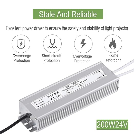 LED Driver 200 Watts 24V DC Low Voltage Transformer， Waterproof IP67 LED Power Supply, Adapter with 3-Prong Plug 3.3 Feet Cable for Any 24V DC led Lights, Computer Project, Outdoor Light