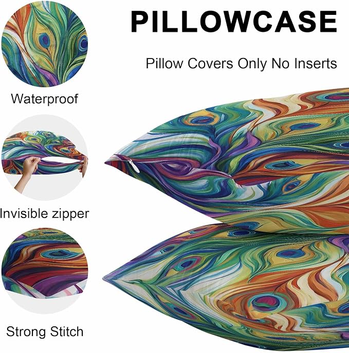 Colorful Peacock Feathers Outdoor Pillow Covers 24x24 Inch Throw Pillow Covers Set of 2 Waterproof Decorative Pillow Cases Oil Painting Abstract Art Cushion Covers for Patio Furniture Garden Couch