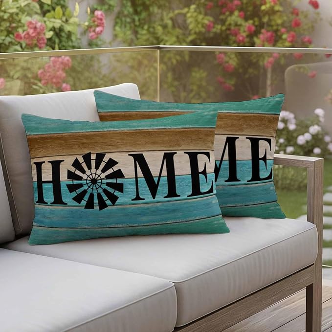 Outdoor Pillow Covers Set of 2, Home Farm Retro Wood Board Decorative Throw Pillow Covers 20X12IN, Teal Gradient Wooden Throw Pillows Protector Cushion Case for Patio,Couch,Sofa,Garden