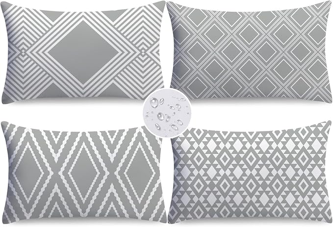 NIGHTWISH Outdoor Waterproof Pillow Covers 12x20 Set of 4 Gray Modern Geometry Decorative Outdoor Throw Pillows Boho Cushion Cases for Patio Furniture Bench Couch Sunbrella