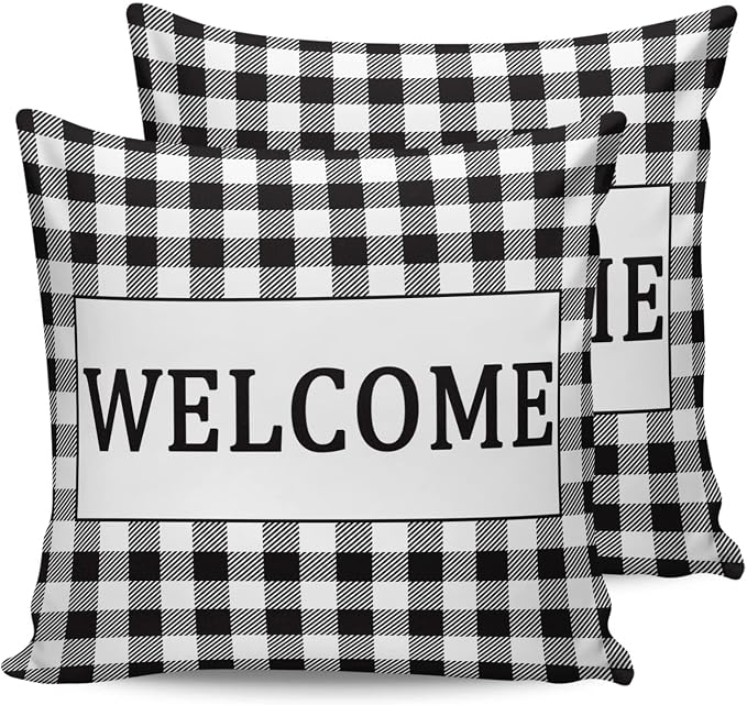 Outdoor Waterproof Pillow Covers for Patio Furniture Black Buffalo Check Plaid Decorative Throw Pillow Cover Welcome Pillowcases Set of 2 Cushion Case for Sofa Couch Chair Home Decor 18x18 inch