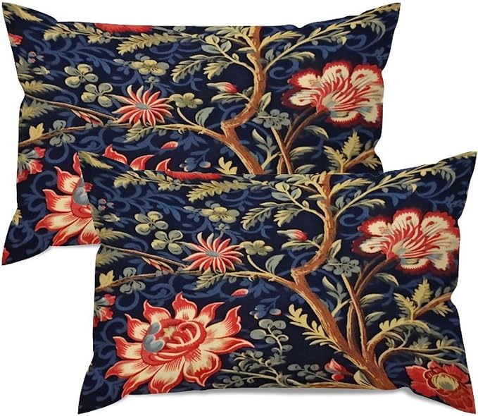 Zipped Pillow Cases for Home Decor Burgundy Gold Navy Blue Floral Botanical Throw Pillow Cover Set of 2 Farmhouse Cushion Cover Cases for Living Room Club Home Decor 12x18in