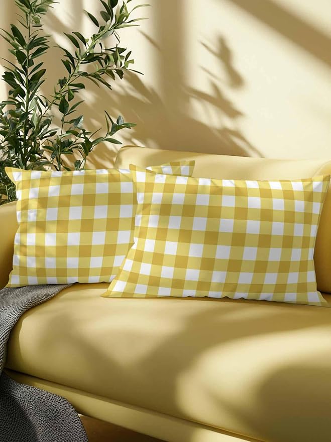 Waterproof Outdoor Pillow 1 Pack Yellow Buffalo Plaid Decorative Throw Pillows Cover & Insert 20x12 Inch Lumbar Pillowcase Check Lines Pillows for Couch Sofa Bed Patio Furniture Indoor Outdoor