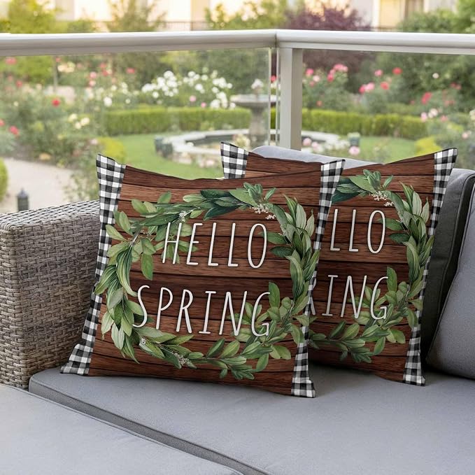 Hello Spring Outdoor Pillow Covers Pack of 2 Green Leaf Plant Black Plaid Brown Wood Grain Waterproof Throw Pillow Covers Decorative Cushion Cases for Patio Garden Tent Balcony Couch 26x26 inch