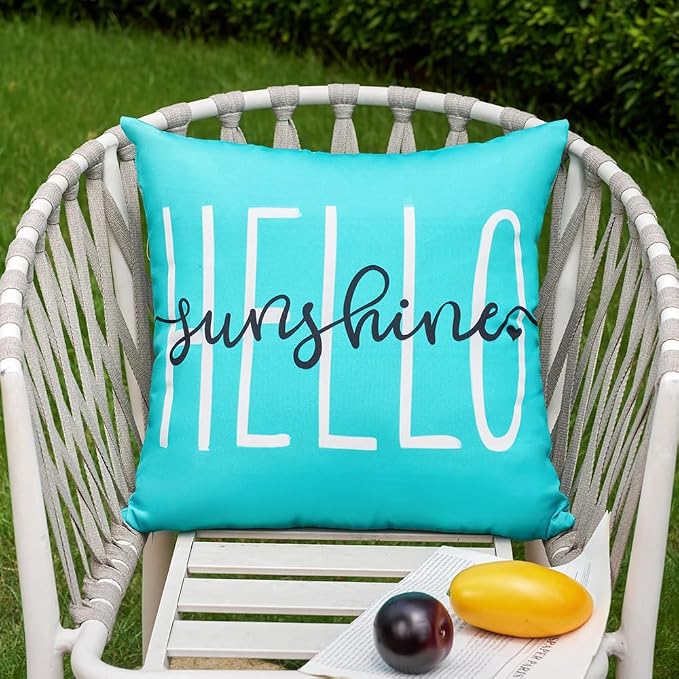 DFXSZ Blue Green Outdoor Waterproof Pillow Covers 16x16 Set of 2 | Hello Sunshine Decor Spring Summer Polyester Pillow Covers(NO INSERTS)| Decor for Patio Funiture Garden Sofa Couch