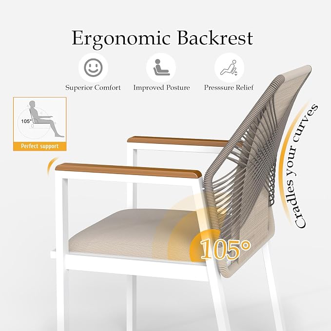 Aluminum Outdoor Patio Dining Chairs - Imitation Rope Vine Chair Ergonomic Backrest Design Detachable Seat Cushion Soft and Breathable Garden Porch, White 2Pcs
