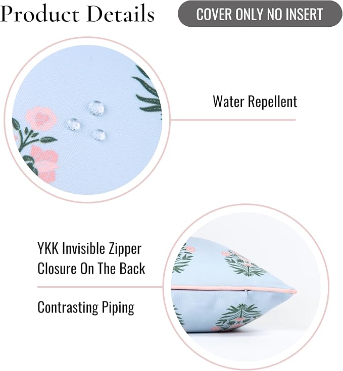Hofdeco Premium Coastal Grandmillennial Patio Indoor Outdoor Lumbar Pillow Cover Only, 12"x26" Water Repellent for Backyard, Couch, Poolside, Baby Blue Pink Print Flower