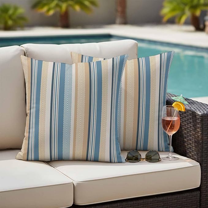 Blue Brown Beige Outdoor Pillow Covers 18x18 Inch Throw Pillow Covers Set of 2 Waterproof Decorative Pillow Cases Boho Farmhouse Abstract Stripes Art Cushion Covers for Patio Furniture Garden Couch