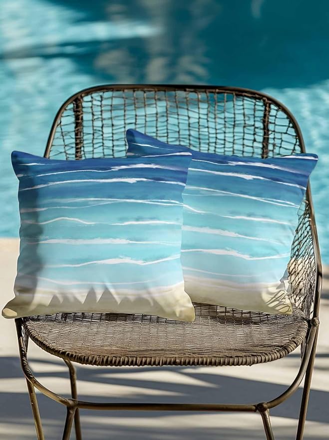 Set of 2 Outdoor Pillows Waterproof, Blue Beige Ombre Indoor/Outdoor Throw Pillows with Inserts, Coastal Nautical Summer Beach Wave Decorative Pillow for Patio Furniture Chairs Couch 16"x16"