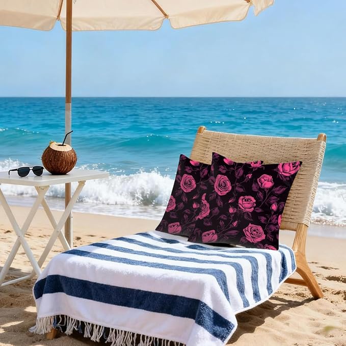 18x18 Inch Outdoor Pillow Covers Set of 2 Waterproof Throw Pillow Covers Decorative Couch Cushion Covers Pink Roses Plant Square Pillowcases Protectors for Patio Garden Sofa
