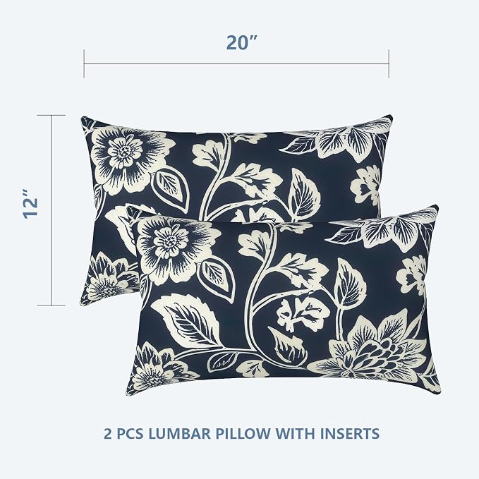LVTXIII Outdoor/Indoor Lumbar Pillows, Decorative Patio Lumbar Cushions, Fluffy Water Repellent Garden Cushions for Home Patio Coach Sofa Use, 12×20 Inch, Pack of 2, Elegant Vines Navy