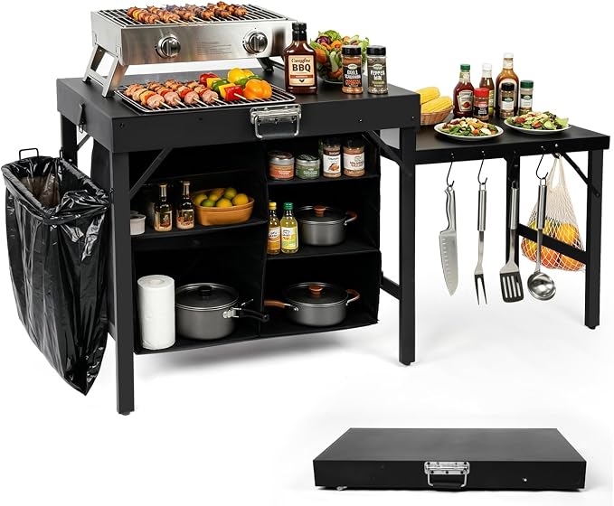 Grill Table Compatible with Blackstone Griddles, Portable Foldable Griddle Stand with Storage Shelf, Heavy Duty Camping Kitchen Table for Outdoor Cooking, BBQ, Camping and Patio, Black
