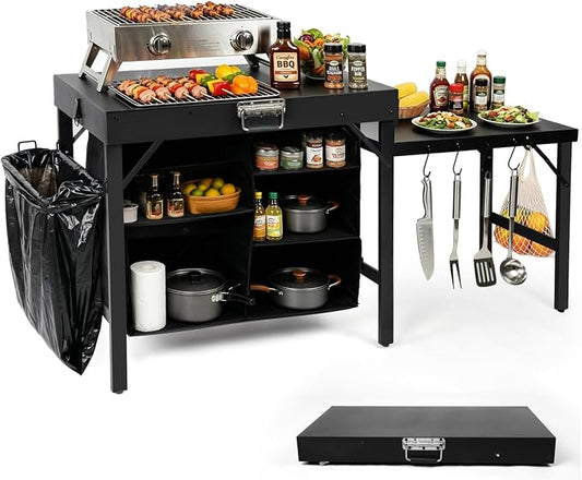 Grill Table Compatible with Blackstone Griddles, Portable Foldable Griddle Stand with Storage Shelf, Heavy Duty Camping Kitchen Table for Outdoor Cooking, BBQ, Camping and Patio, Black