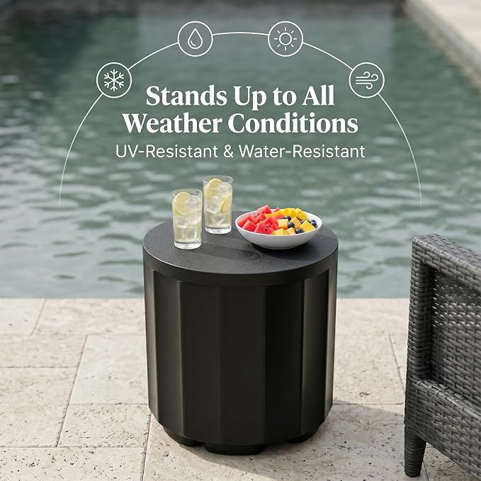 Outdoor Cooler Side Table, 2 in 1 Ice Chest Cooler Table All Weather Resistant | Dense Fluted Cooler Side Table with Hangable Lid for Patio Decor, Deck, BBQ, Beach | Black