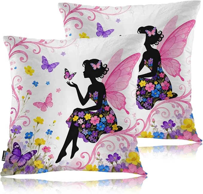 Swono Pillow Covers 18X18 Inch Set of 2 Butterfly Girl, Throw Pillow Cases Fairy Woman Butterflies Flowers Pillowcase Cushion Cover Decorative for Indoor Outdoor Home Sofa Bedroom Livingroom, Pink
