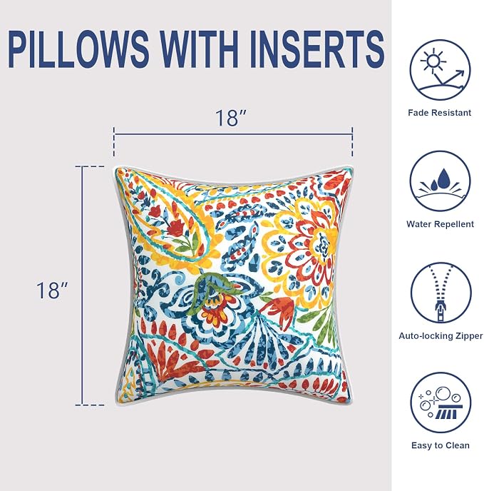 Outdoor Throw Pillows Inners, Fade Resistant Patio Furniture Square Pillows with Piping Set of 2 for Patio Furniture, 18x18 Inch, Paisley Multi