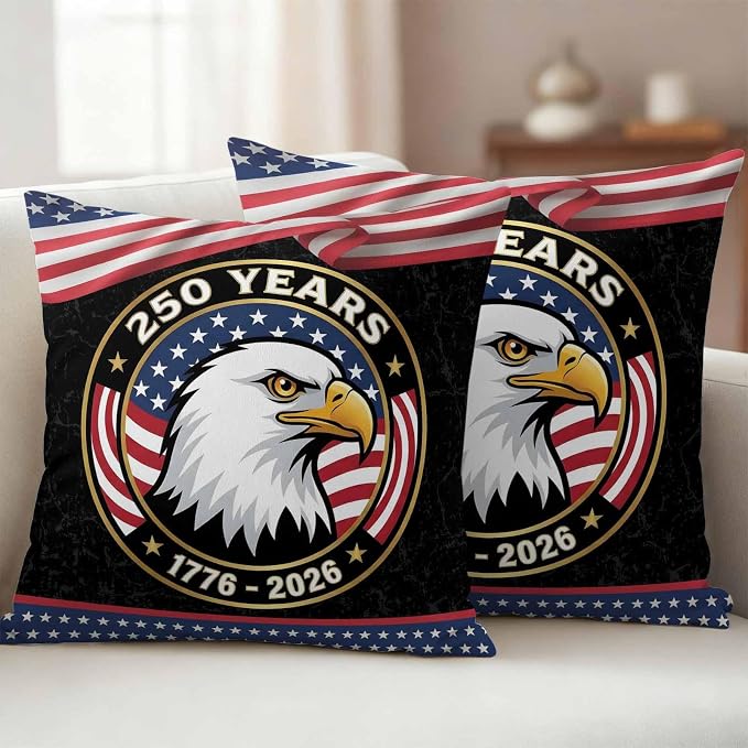250 Year Anniversary Outdoor Waterproof Throw Pillow Covers 18x18 Set of 2, Independence Day Eagle USA Flag Decorative Pillowcases Cushion Pillowcase for Couch Sofa Patio Outside Pillow Protector
