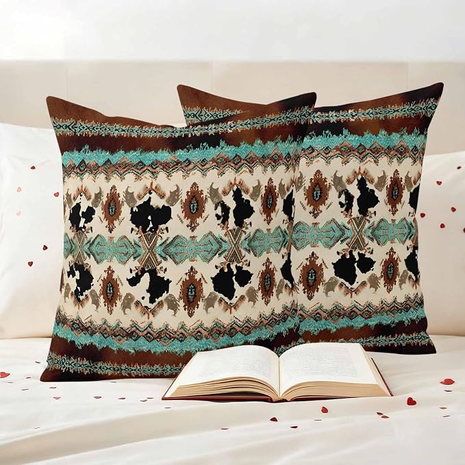 Boho Cowhide Outdoor Pillow Covers 16"x16" Set of 2, Western Aztec Tribal Green Brown Cow Texture Waterproof Throw Pillow Covers for Patio Furniture, Decorative Cushion Covers for Porch