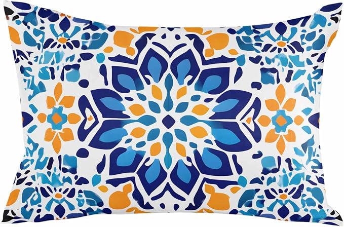 Outdoor Waterproof Pillow Covers Abstract Blue Yellow Flowers Set of 2 Decorative Outdoor Pillowcases Vintage Art Cushion Cases for Patio Funiture Garden Couch Bench 12 x 20 Inches