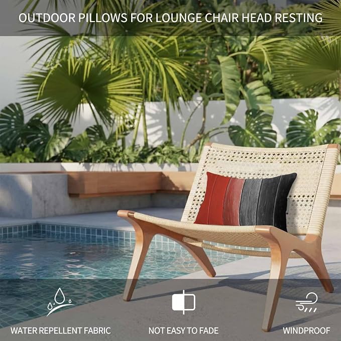 Red Black Ombre Outdoor Pillows for Chaise Lounge Chair Waterproof Lumbar Pillows with Insert&Strap Beach Headrest Pillow Vintage Farmhouse Wooden Recliner Neck Pillow for Patio Pool 11"x16"