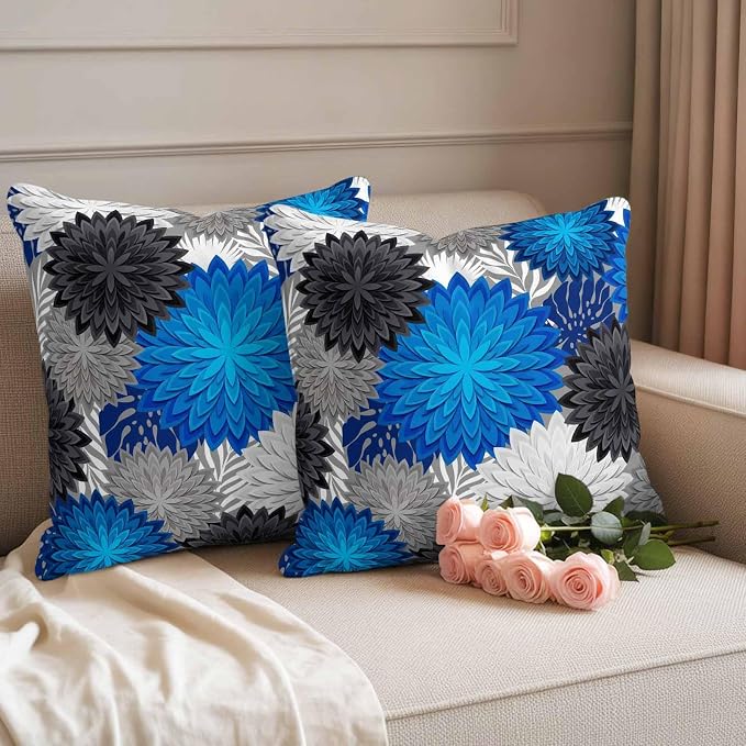 Blue Black Grey Flowers Outdoor Pillow Covers Waterproof, All Weather Cushion Case Set of 2, Boho Colorful Floral Plant Decorative Pillowcases for Sofa Couch Bed Decor Patio Furniture 16"x16"