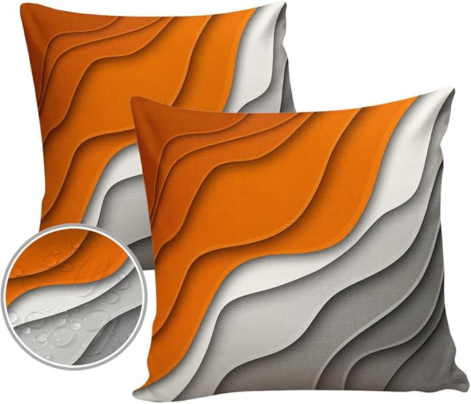 Funy Decor Waterproof Outdoor Throw Pillow Cover Orange Grey Modern Geometric Lumbar Pillowcases Set of 2 Abstract Ombre Decorative Patio Furniture Pillows for Couch Garden 26x26 inch x 2pcs