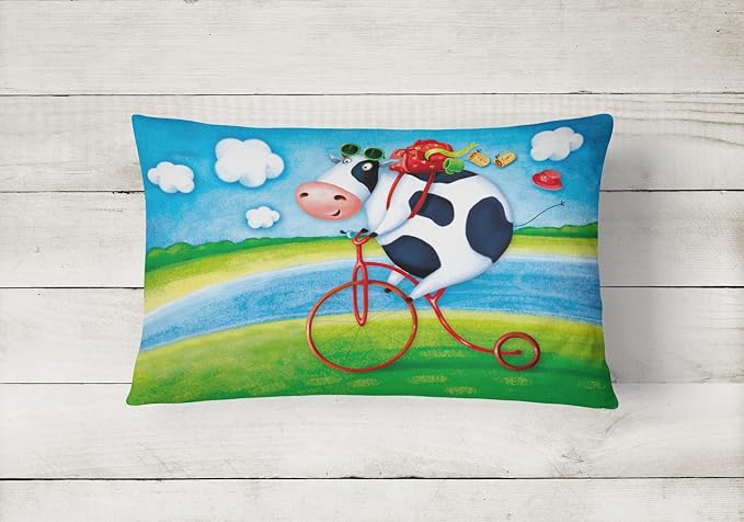 Caroline's Treasures APH0076PW1216 Cow Riding Bicycle Canvas Fabric Decorative Pillow Machine Washable, Indoor Outdoor Decorative Pillow for Couch, Bed or Patio, 12HX16W