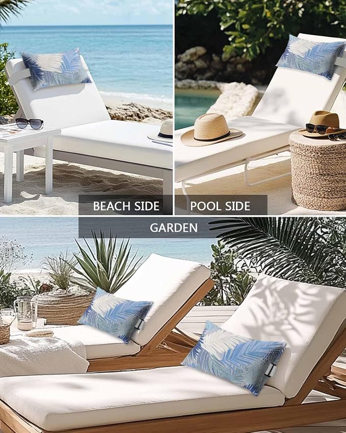 Outdoor Pillows Waterproof Covers Set of 2, Royal Blue Palm Leaves Adjustable Elastic Chaise Lounge Head Resting Pillows, Tropical Leaf Plant Lumbar Pillow for Pool Beach Patio Furniture 11x16 Inch