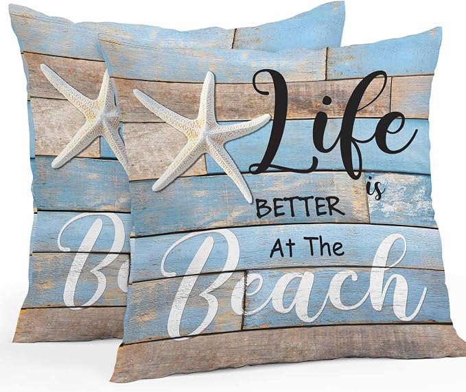 Summer Outdoor Pillow Covers Set of 2,Ocean Life Texts Starfish Decorative Waterproof Throw Pillow Case,Retro Blue Wood Plank Cushion Pillowcases for Couch Garden Patio Beach,20x20In