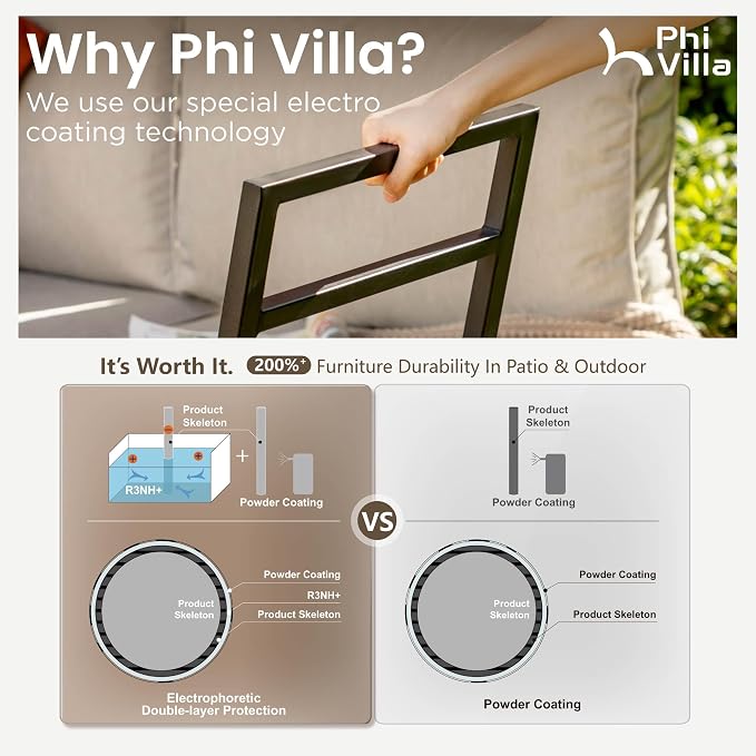 PHI VILLA Outdoor Patio Furniture Set, Metal Frame Modern Loveseat Couch for Poolside and Backyard,Light Grey