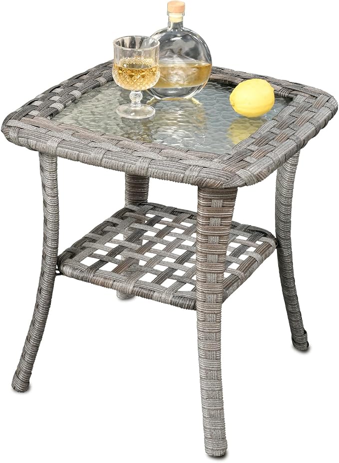 ovios Outdoor Side Table with Tempered Glass Top, Patio Wicker Rattan 2-Tier Storage Coffee End Tables for Porch Deck Balcony Garden Poolside (Light Grey-Small Size)