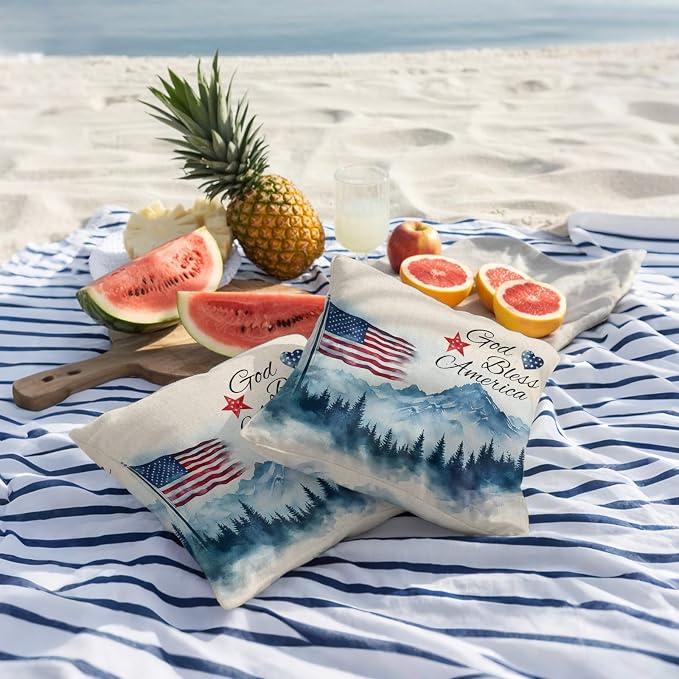 4th of July Outdoor Pillow Covers 18x18 Inch Throw Pillow Covers Set of 2 Waterproof Decorative Pillow Cases Independence Day American Flag Forest Cushion Covers for Patio Furniture Garden Couch Sofa