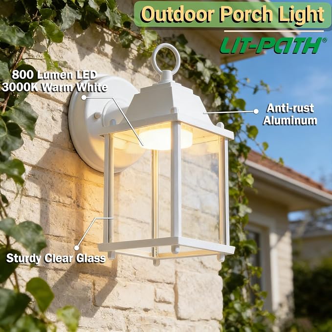 Outdoor Wall Light Fixture, Rustproof Aluminum, Clear Glass, LED | Exterior Porch Light Wall Sconce Lantern for House, Patio, Garage, Waterproof Anti-rust, 9.5W 800 Lumen, 3000K, White, 1 Pack