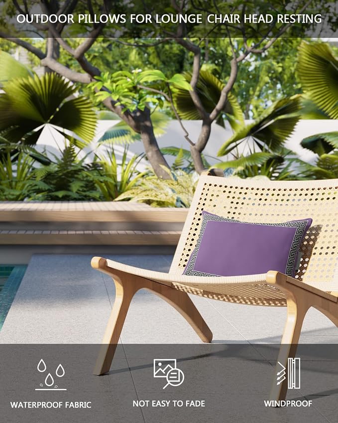 Outdoor Pillows Covers with Inserts Chinese Style Pattern Purple Background Waterproof Recliner Pillow with Adjustable Strap Throw Pillows for Patio Furniture Pool Lounge Chair, 11x16 inch, 2PCS