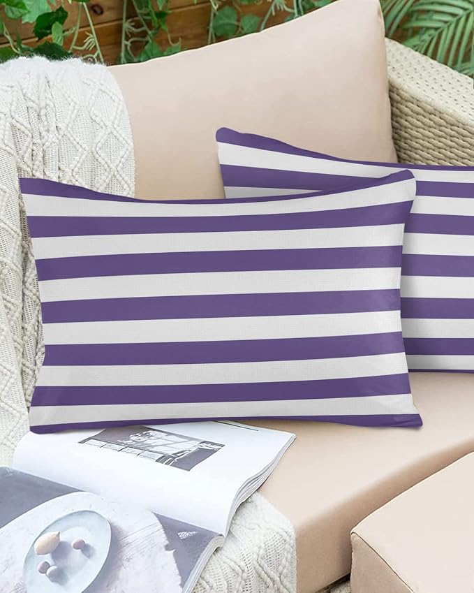 Outdoor Pillows 20x12 Waterproof Outdoor Pillow Covers Purple White Stripes Polyester Throw Pillow Covers Garden Cushion Decorative Case for Patio Couch Decoration Set of 2 Geometric