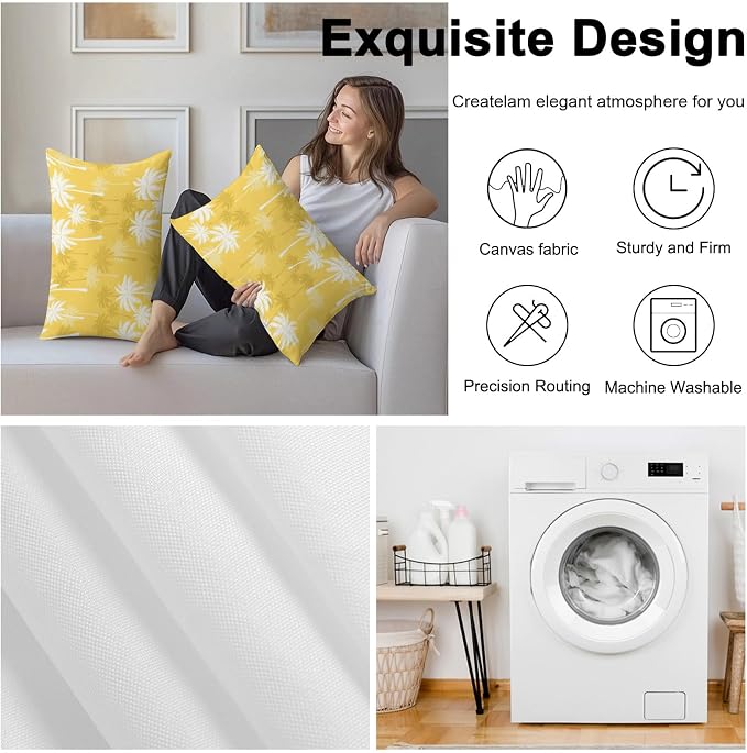 Lumbar Pillow Covers 20x12 Inch Set of 2, Tropical Palm Tree Waterproof Outdoor Pillow Covers, Yellow White Plants Coastal Leaf Beach Decorative Cushion Pillowcases for Couch, Sofa, Bed, Garden, Patio