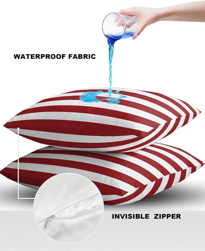 Outdoor Waterproof Pillow Covers for Patio Furniture Merry Christmas Decorative Throw Pillow Cover Red And White Stripes Pillowcases Set of 2 Cushion Case for Sofa Couch Chair Home Decor 20 x 20 In