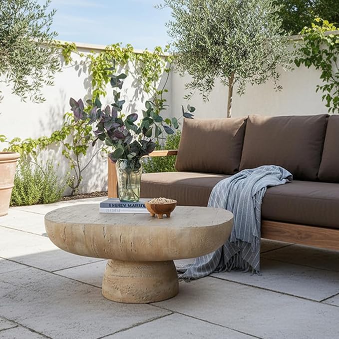 36" Faux Stone Coffee Table for Living Room Oval Coffee Table for Indoor or Outdoor, Modern Travertine Concrete Pattern Center Tables Side Tables, Magnesium Oxide, No Assembly,Cream