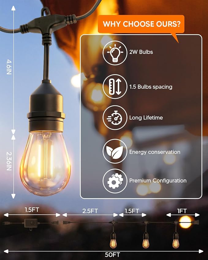 50FT S14 Outdoor String Lights, 32+2 Shatterproof Bulbs 2W, 1.5FT Spacing IP65 Waterproof| Dimmable with Remote, Heavy-Duty, Include Screw & Zip Ties for Patio Backyard Holiday Outside